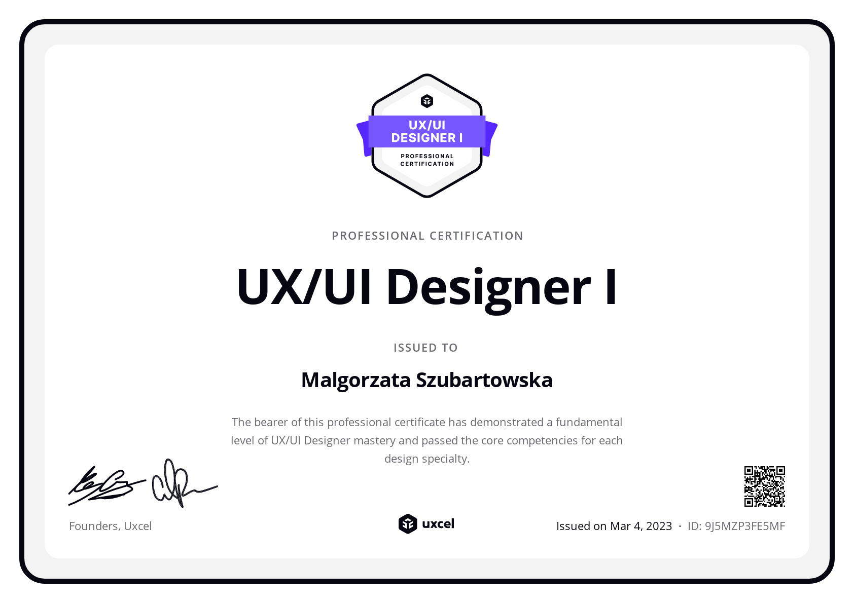 Malgorzata Szubartowska's certificate